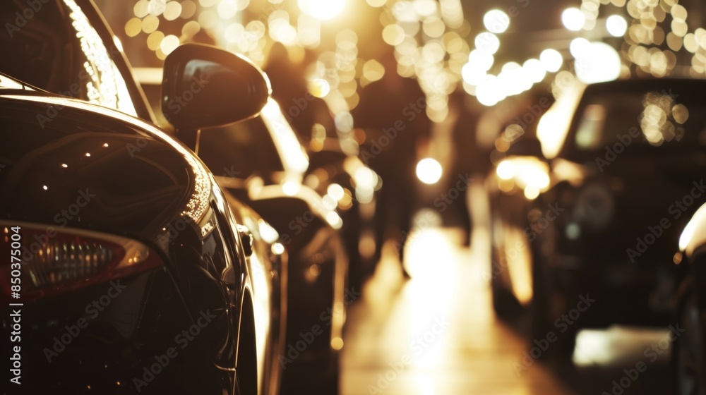 Faint silhouettes of spectators admiring shiny automobiles at a car event. Faint silhouettes of spectators admiring shiny automobiles at a car event.