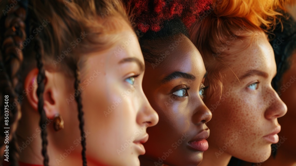 A diverse group of women with different skin tones and types, celebrating beauty and diversity A diverse group of women with different skin tones and types, celebrating beauty and diversity