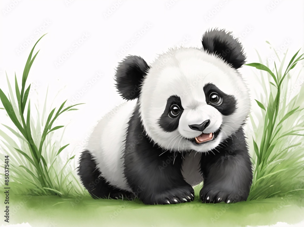 Obraz premium Playful Panda Cub Rolling on Back, White Background