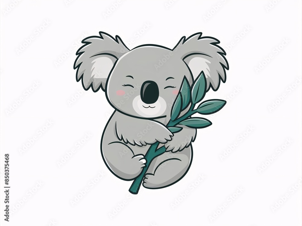 Fototapeta premium Hugging Koala Bear on Eucalyptus Branch, White Background