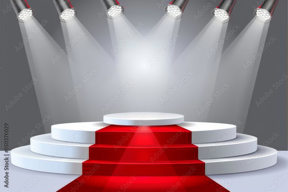 Fototapeta premium White podium with red carpet and spotlights on a stage for an award ceremony