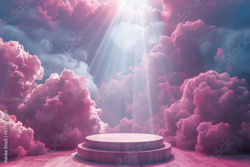 Ethereal pink clouds envelop a circular pedestal bathed in divine light, creating a serene and dreamlike atmosphere, showcase product podium