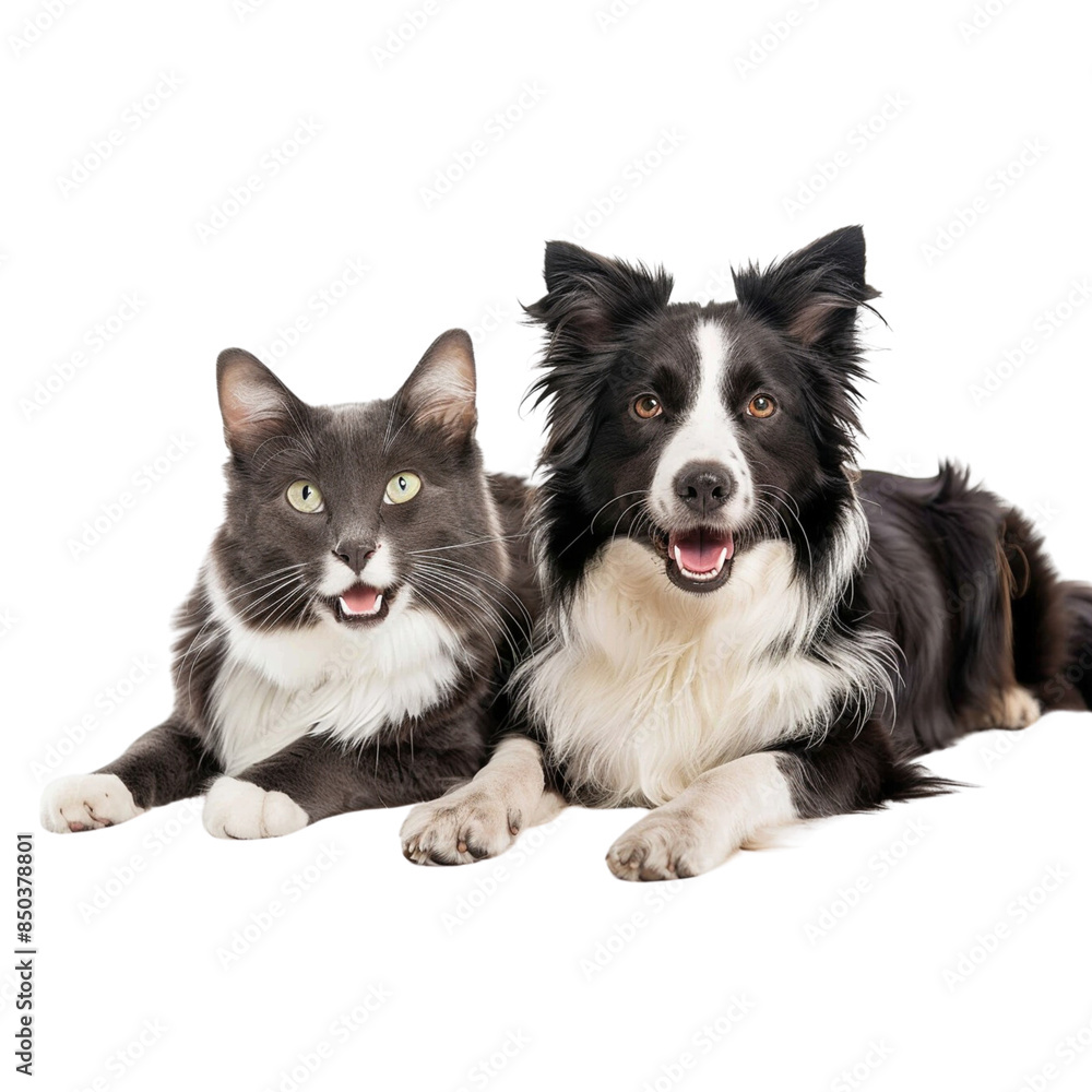 Obraz premium happy dog and cat sitting together, looking at camera isolated on white background