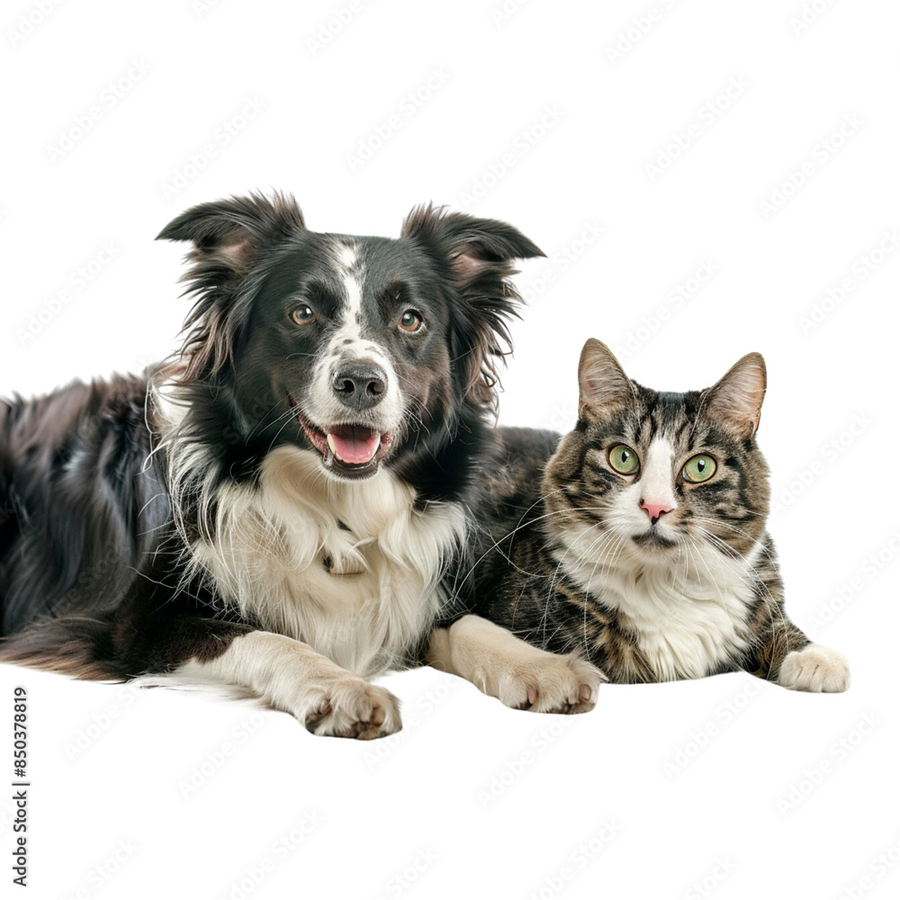 happy dog and cat sitting together, looking at camera isolated on white background happy dog and cat sitting together, looking at camera isolated on white background