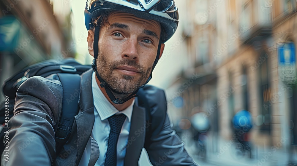 The image captures a smartly dressed executive cycling to work blending a professional and active lifestyle The image captures a smartly dressed executive cycling to work blending a professional and active lifestyle