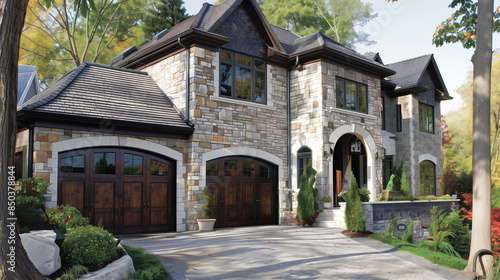 The exterior facade of the house with double garage doors and a stone wall that create a solid and elegant image. © Sawyer0