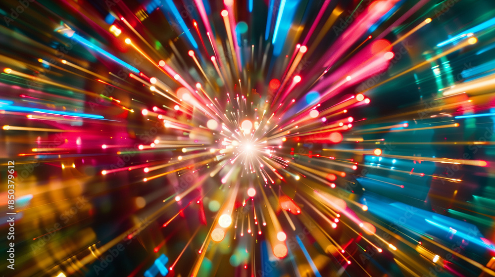 Turbulent, multi-colored streaks of light radiating from a central point on a dark background create a dynamic and energetic effect. Turbulent, multi-colored streaks of light radiating from a central point on a dark background create a dynamic and energetic effect.