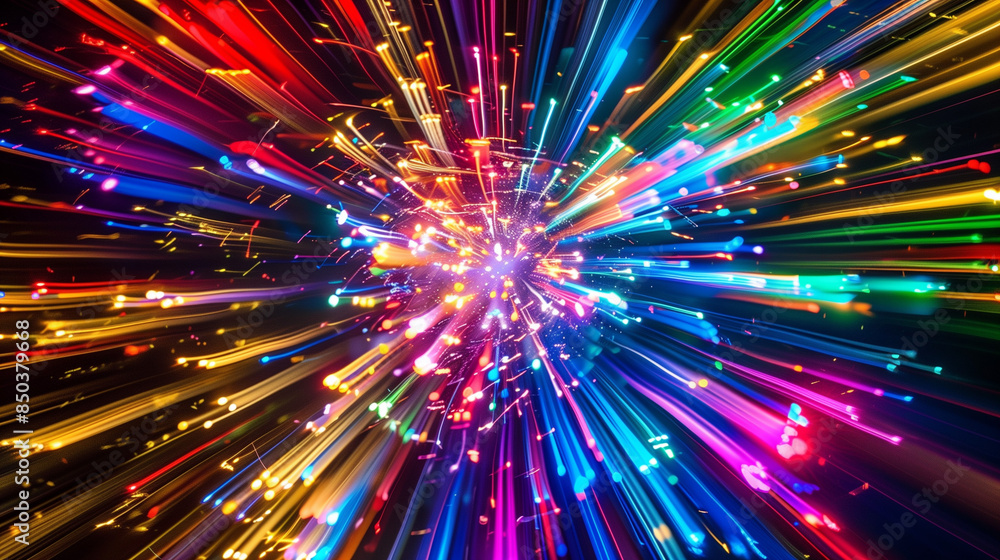 Turbulent, multi-colored streaks of light radiating from a central point on a dark background create a dynamic and energetic effect. Turbulent, multi-colored streaks of light radiating from a central point on a dark background create a dynamic and energetic effect.