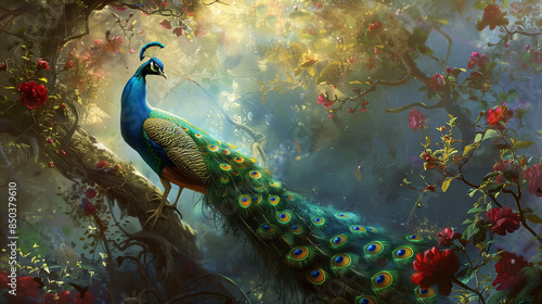 The peacock's plumage, shiny and colorful like a rainbow, is an icon of beauty and elegance. These unique feathers symbolize the richness of colors and graceful creations of nature. photo