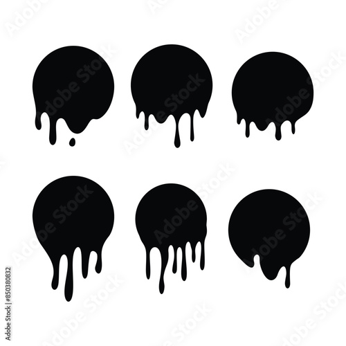 Paint drip stickers, circle melt drop vector icons. Vector milk circle melt drops, graffiti paint drip blobs