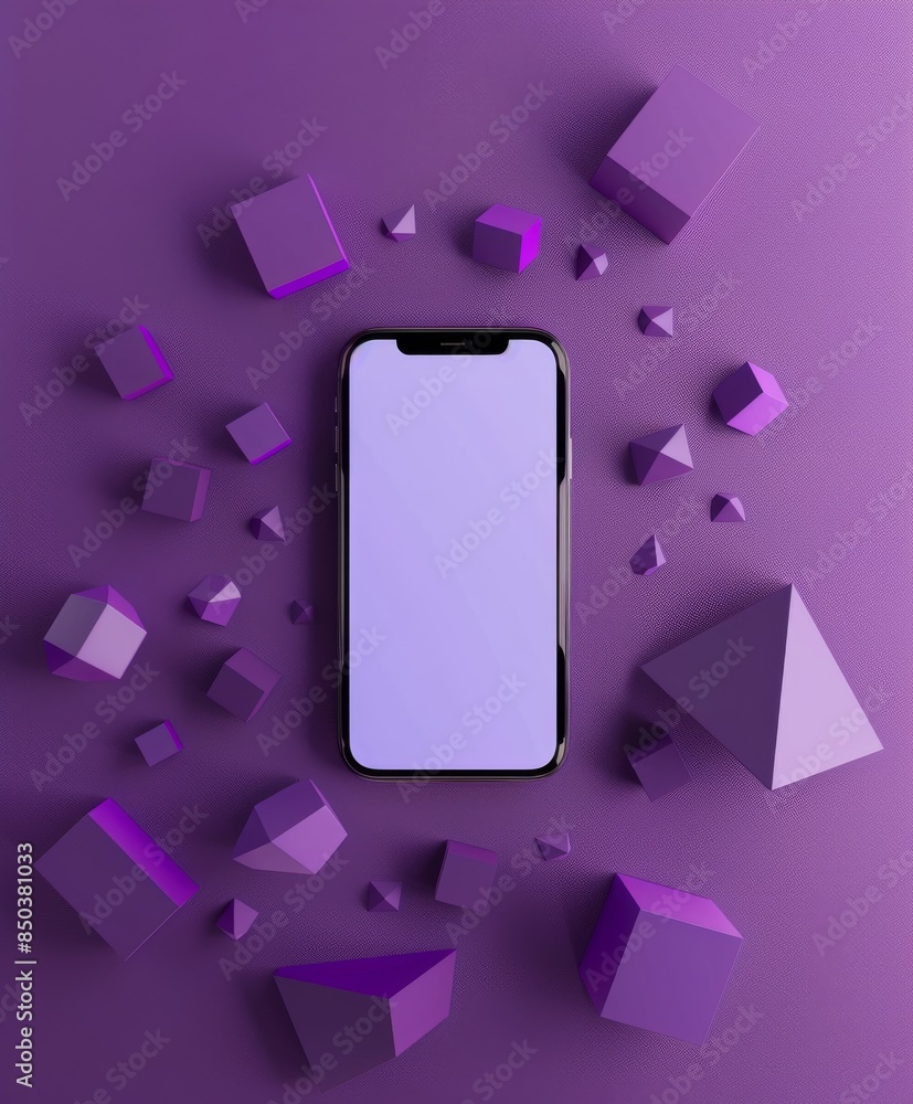 Modern smartphone with purple background and 3D colorful spheres Modern smartphone with purple background and 3D colorful spheres