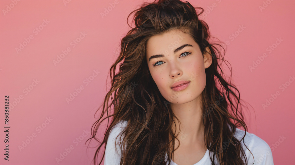 Beautiful Woman with Long Brown Hair Against Pink Background. Beautiful Woman with Long Brown Hair Against Pink Background.