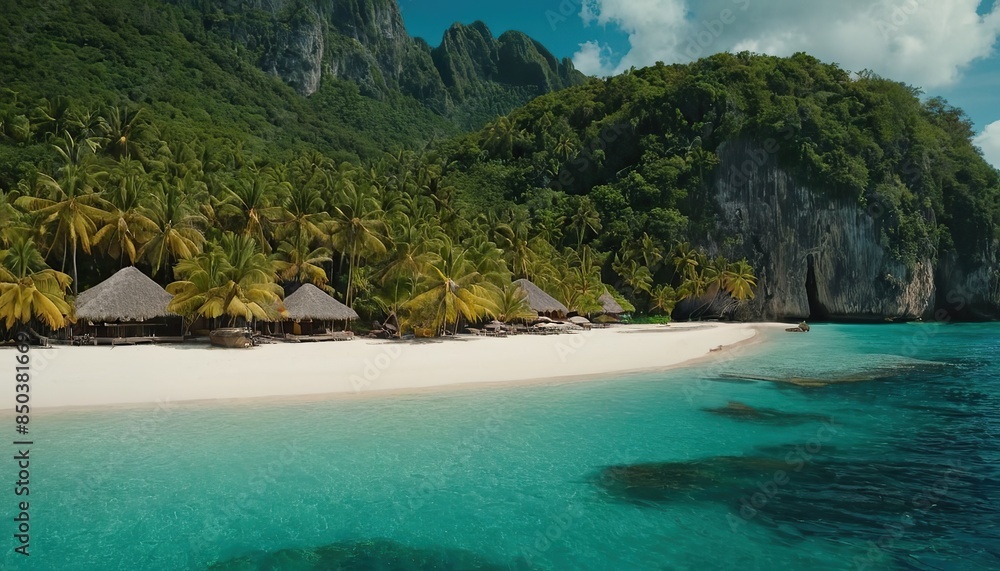 Fototapeta premium Summer vacation on a tropical island with beautiful beach and palm trees