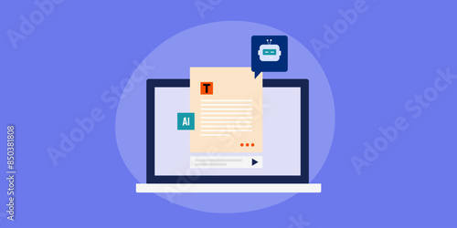 Content automation, AI bot create text content based on prompt command display on laptop screen, vector illustration.