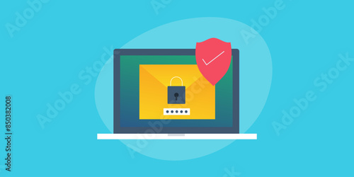 Email data protection digital information cyber security password lock shield on laptop screen vector illustration.