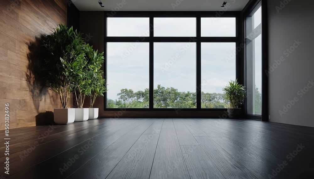 Fototapeta premium View of white empty room and wood laminate floor,frame with green plant , 3D rendering