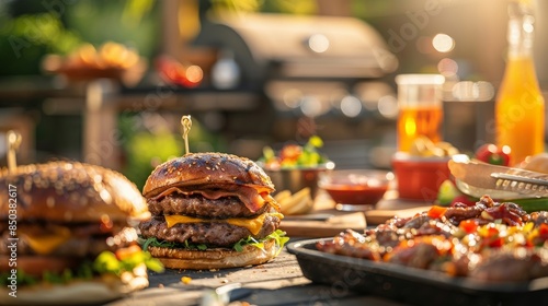 Burgers and brats sizzling on the grill. Time to fire up the grill and have cookout with friends and family.