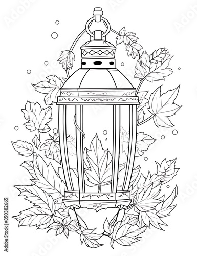 Street Lamp and Autumn Leaves – Zen-Tangle Style Antistress Coloring Book for Children and Adults, Hand-Drawn Illustration