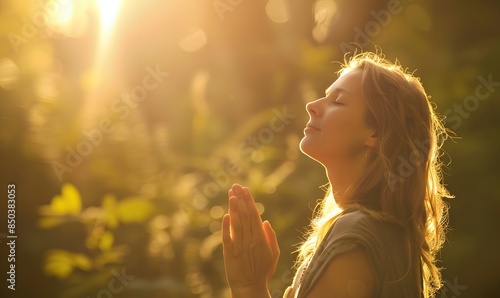 beautiful woman praying outdoors with sunlight, Generative AI © simba kim