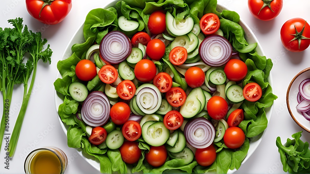 Fresh Vegetables Assorted on a White Background - Healthy Eating Concept with Tomatoes, Green Salad, Onions, and Organic Ingredients for a Vegetarian Diet
Fresh Vegetables Assorted on a White Background - Healthy Eating Concept with Tomatoes, Green Salad, Onions, and Organic Ingredients for a Vegetarian Diet