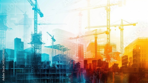 construction site close up, focus on, copy space Vibrant colors, Double exposure silhouette with cranes and buildings