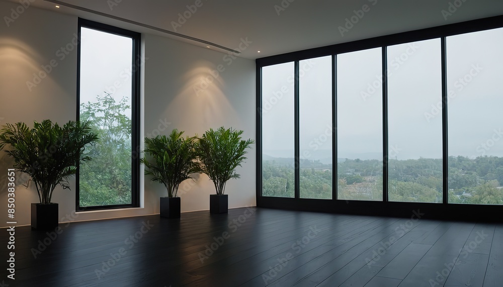 Fototapeta premium Empty room interior background. Dark background empty room with plants on a floor
