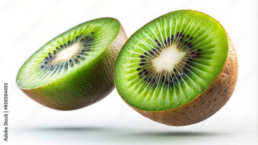 Fototapeta premium Vibrant green kiwi fruit cut in half flying against a pure white background with soft focus and subtle shadowing effects.