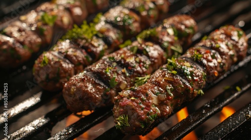 Delicious and juicy cevapcici sausages grilled to perfection. photo