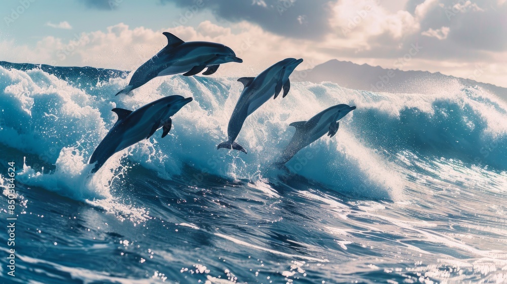A group of dolphins are leaping out of the water A group of dolphins are leaping out of the water