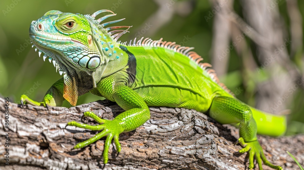 Fototapeta premium Vibrant green iguana basking on a textured tree branch
