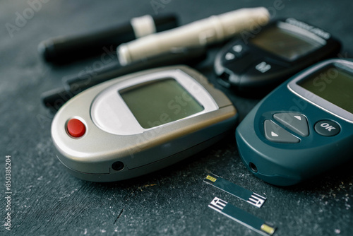 Instruments for measuring blood sugar top view on black background