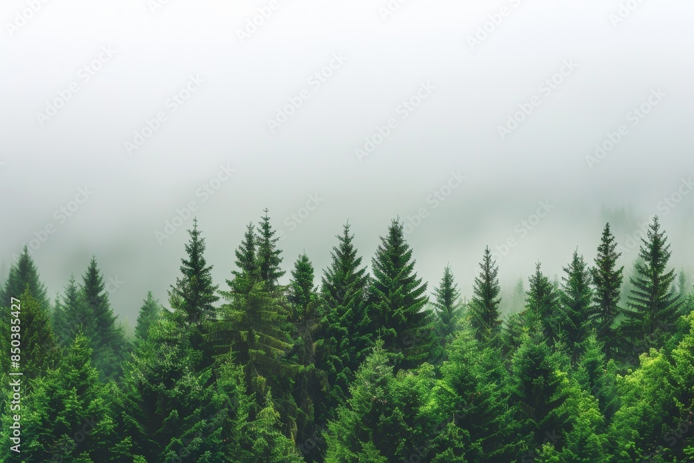 Fototapeta premium Misty forest landscape with lush green trees