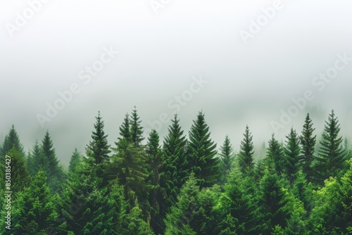Misty forest landscape with lush green trees