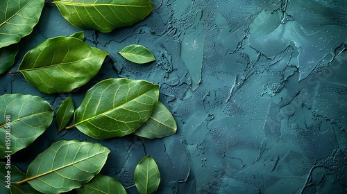 crushed bay leaves on a bright mint blue surface photo