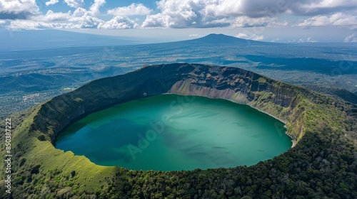 A large body of water with a mountain in the background photo