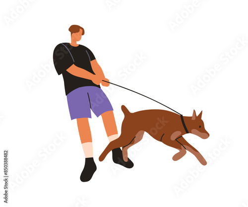 Disobedient naughty dog pulling leash. Man walking mischievous doggy. Bad canine animal behavior. Pet owner problem with puppy disobeying. Flat vector illustration isolated on white background