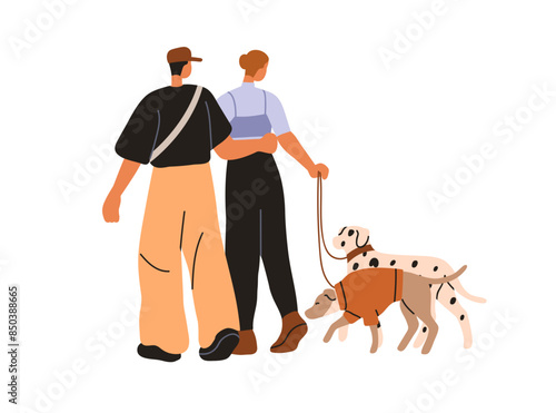 Love couple walking dogs. Man and woman, pet owners holding leash, strolling outdoors. Valentines going, leading cute puppies, companion doggies. Flat vector illustration isolated on white background