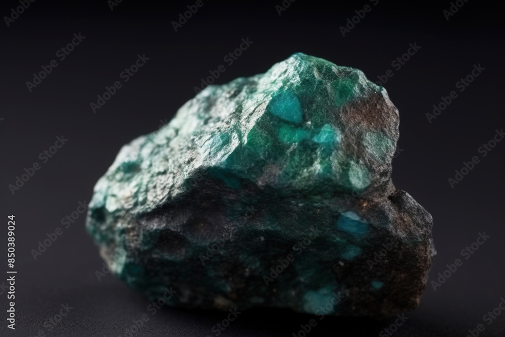 Naklejka premium Tyrolite fossil mineral stone. Geological crystalline fossil. Dark background close-up.