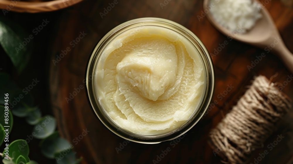 A jar made from recycled glass and adorned with a simple label holds a rich body butter leaving skin soft and hydrated. A jar made from recycled glass and adorned with a simple label holds a rich body butter leaving skin soft and hydrated.