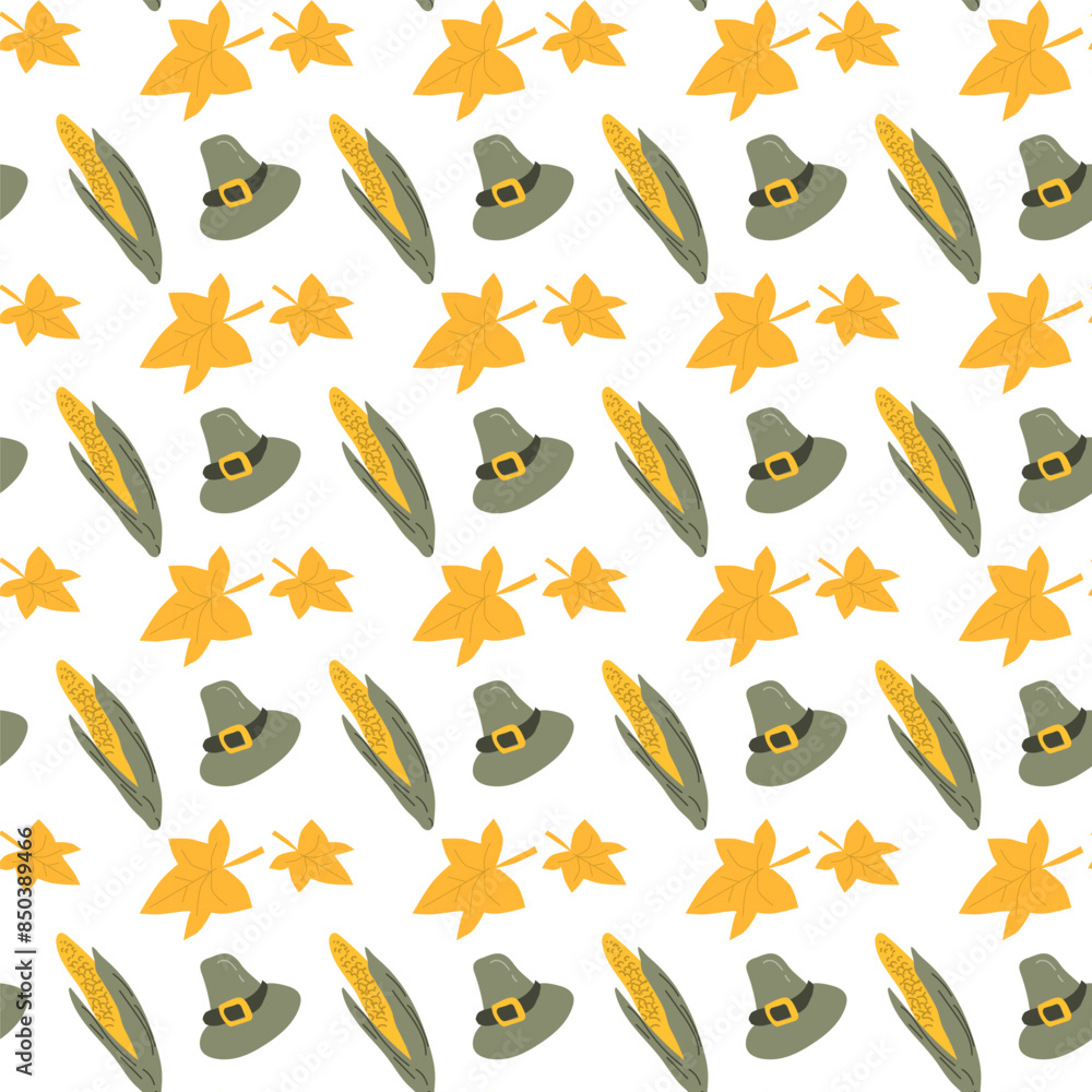 Fototapeta premium Fall thanksgiving pattern with autumn leaves and plants, animals. Cute fabric design. Thanksgiving day seamless background in traditional colors for clothes, textile, wrapping papers. Cute elements.