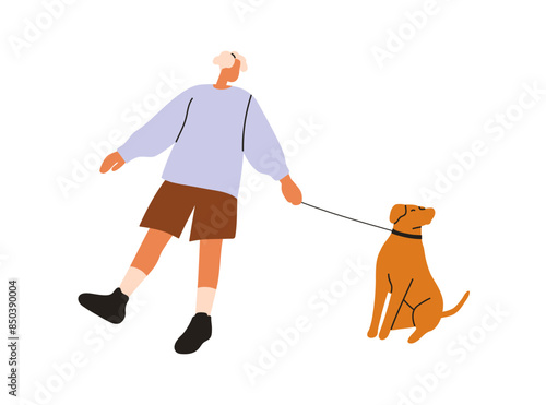 Dog owner walking with disobedient puppy. Naughty mischievous doggy ignoring command, disobeying, pulling leash, refusing go. Bad canine behavior. Flat vector illustration isolated on white background