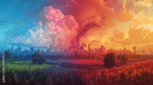A clean, fresh air countryside split with a smoky, polluted cityscape, high contrast, nature vs urban industry, digital illustration, vibrant colors