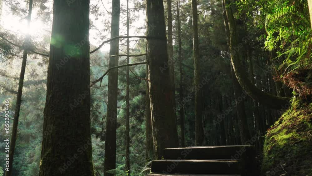 Walk through a summer forest trail with the sunlight through the lush green Walk through a summer forest trail with the sunlight through the lush green