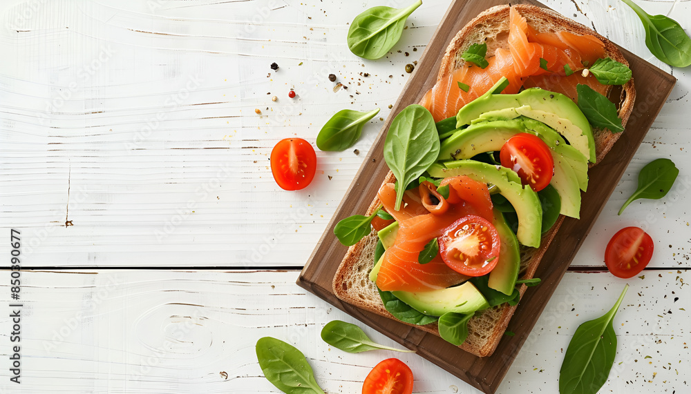 tasty sandwich with avocado and salmon on wooden board on white table tasty sandwich with avocado and salmon on wooden board on white table