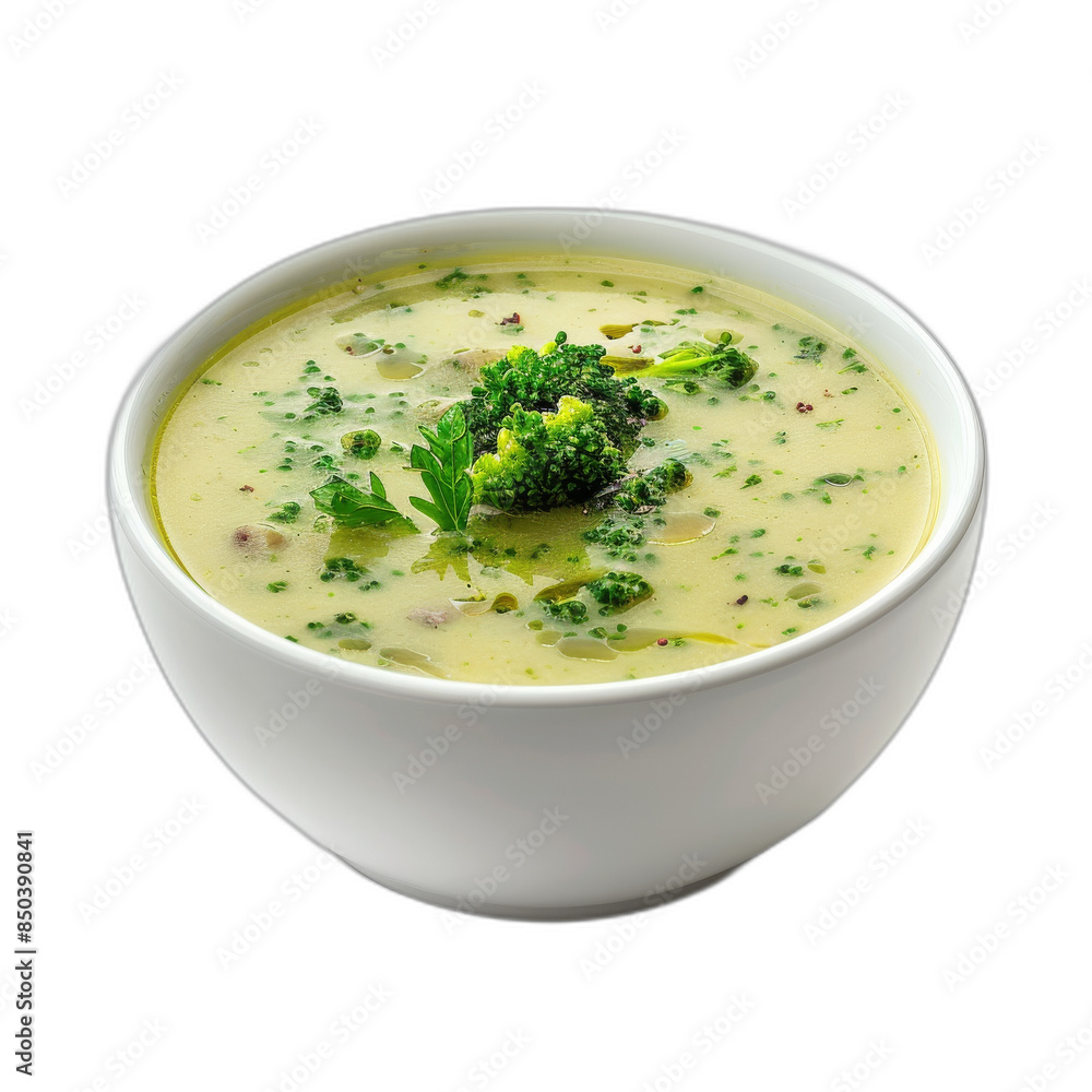 On an isolated transparency background, a bowl of broccoli cream soup is shown On an isolated transparency background, a bowl of broccoli cream soup is shown