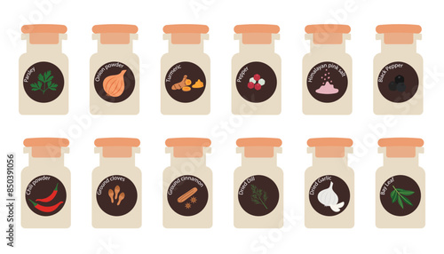 Various spices in glass jars. Set of culinary seasonings. Assorted fresh hot spices