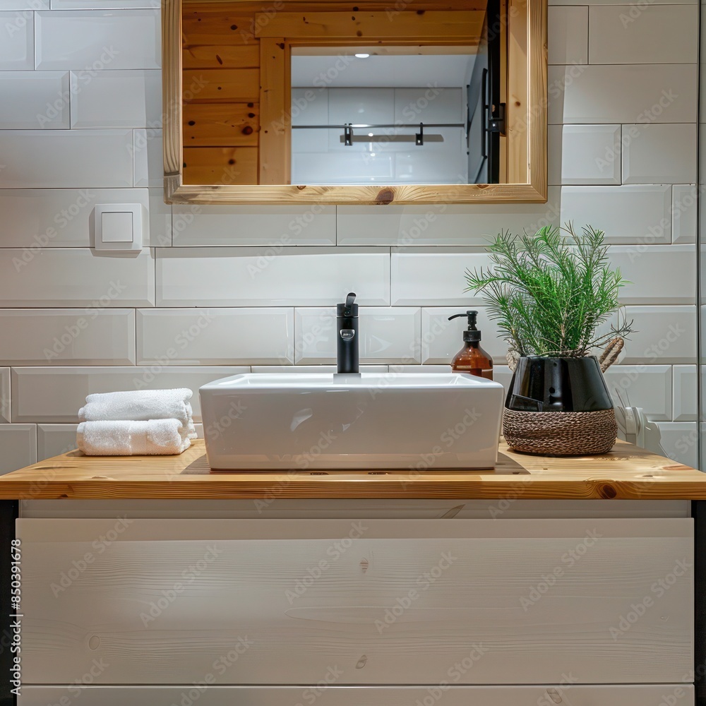 Fototapeta premium Scandinavian Bathroom Interior: Wall-Mounted Vanity and White Ceramic Vessel Sink for Contemporary and Stylish Look