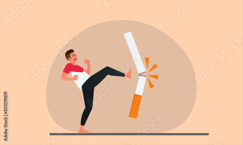Businessman kicks a cigarette hard while motivating quitting smoking, controlling bad habits and the concept of relying on health