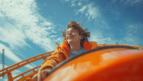 A teenage boy having fun on a roller coaster at an amusement park in summer. Concept of vacation, recreational activities, and fun.