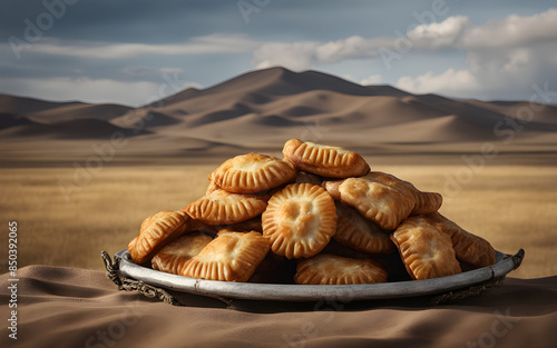 Mongolian khuushuur, fried meat pastries, simple plate, vast steppe backdrop, nomadic setting photo